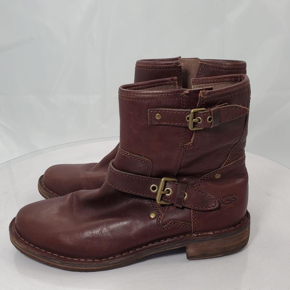 Fabrizia Leather Ankle Biker Boots Women 6.5 Brown Zip Buckle Sheepskin Lined